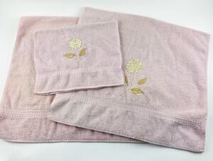 Cannon Bath Body Hand Towel Set Vintage Pink Floral Appliqué Gold Rose USA Flowe